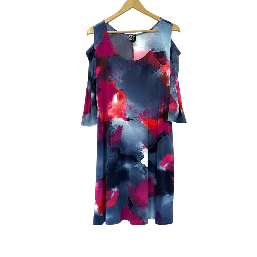 Clara Sun Woo Size Medium Watercolor Cold Shoulder Dress Preppy Travel Vacation